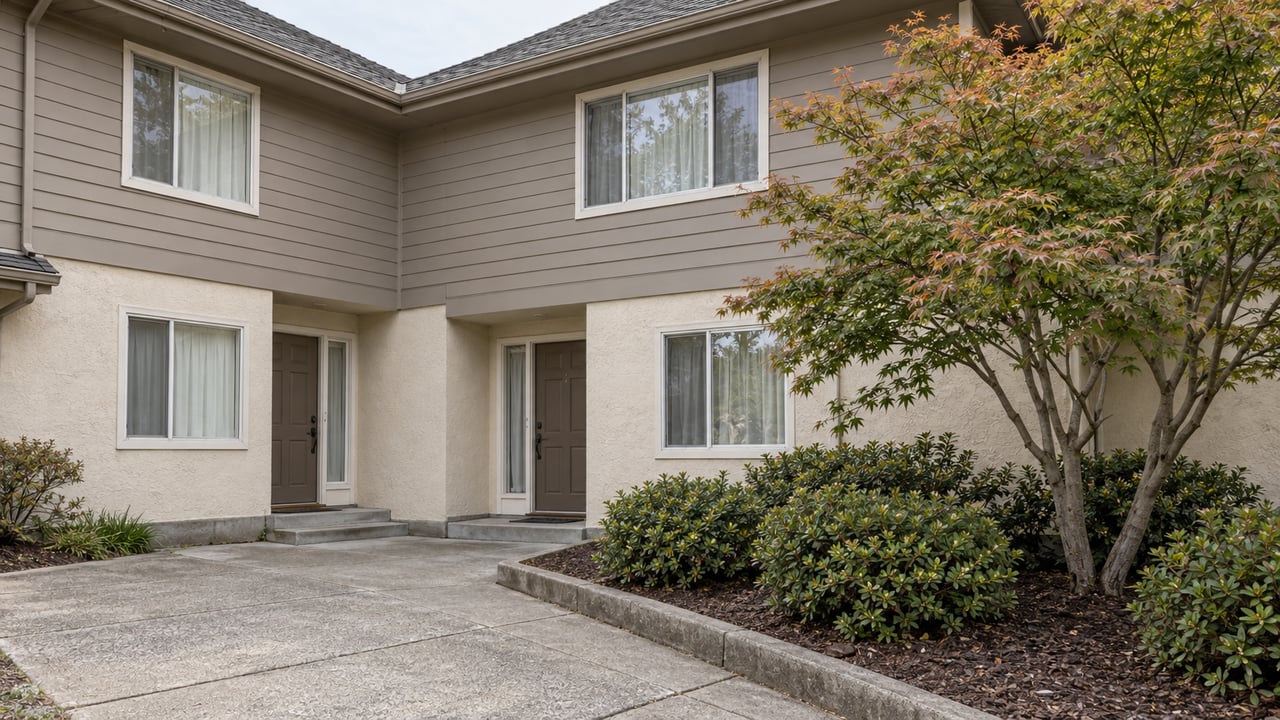 Two-story condominium exterior with ivory stucco, taupe siding, recessed entrances and a shared concrete path beside a Japanese maple.