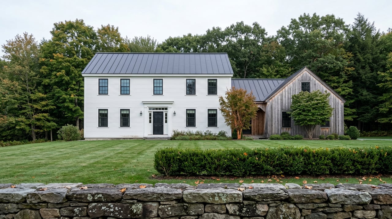 White clapboard Georgian-Colonial house with a weathered barn wing, beyond a stone wall and deep lawn.