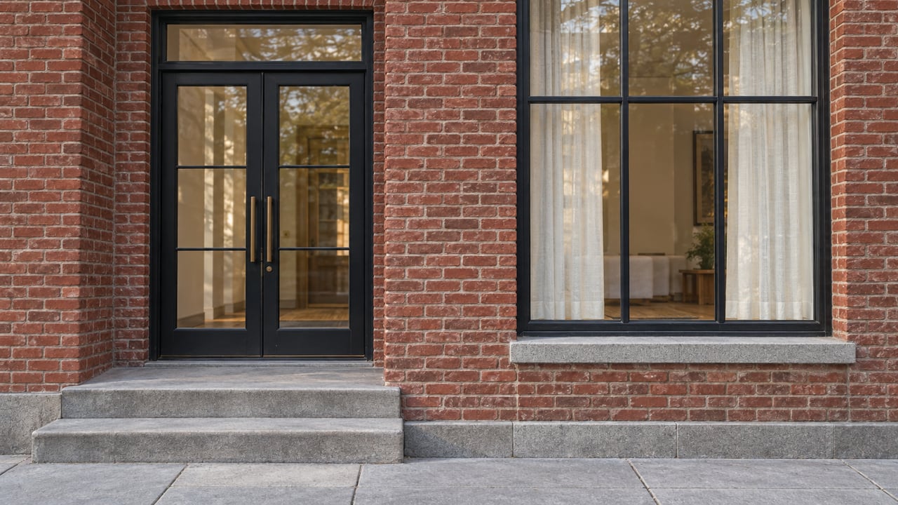 Daylight on a red-brick residential entrance with black steel glass doors, brass handles, a tall curtained window and worn limestone steps.