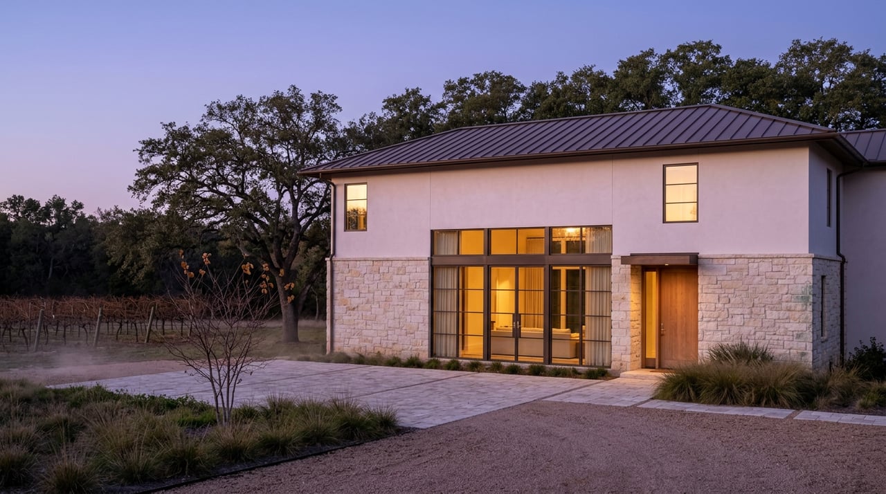 Stone-and-stucco estate with glowing steel-framed windows, a gravel motor court, and vineyard rows beneath a blue-hour sky.