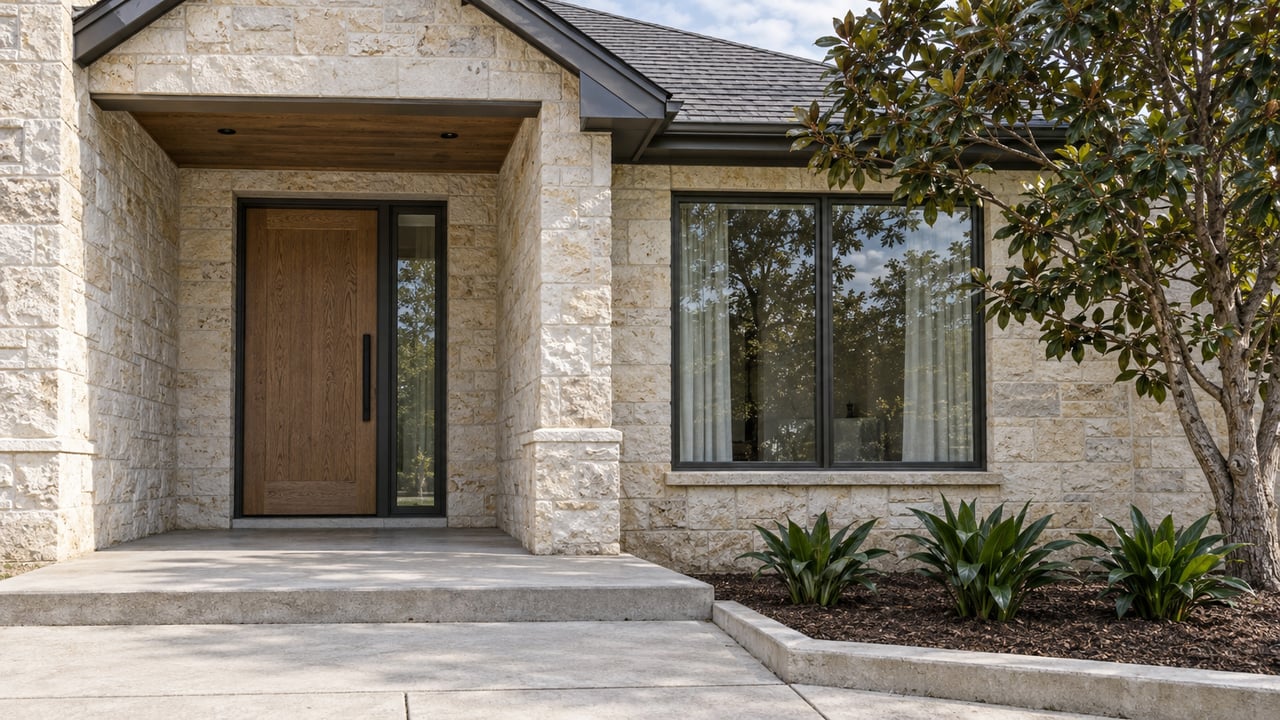 A limestone-clad home entrance with an oak door, dark-framed window and concrete porch beside a specimen magnolia.