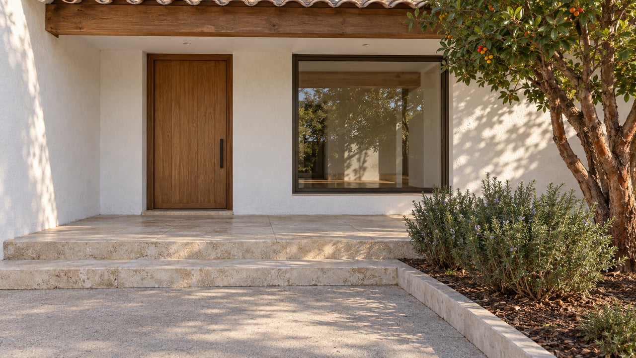 Oak entry door beneath a deep porch, beside a bronze-framed window, pale limestone steps and a strawberry tree.