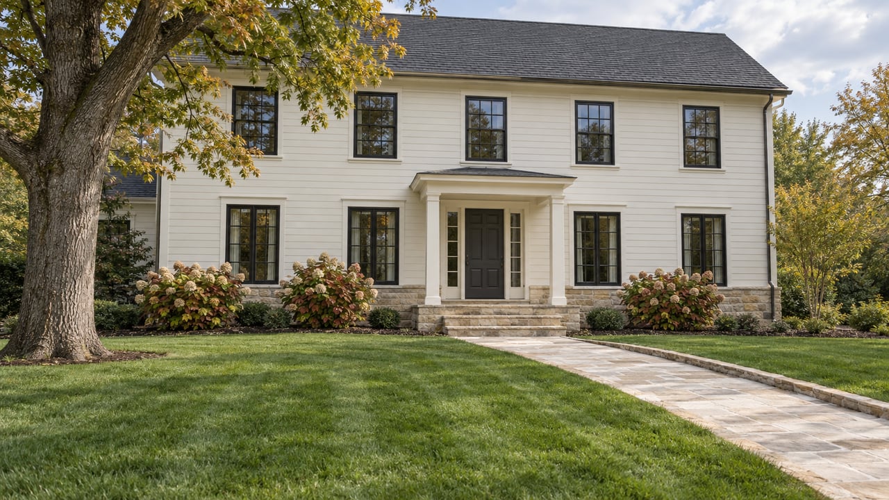 White two-story house with black-framed windows, stone accents, and a paved front walkway.