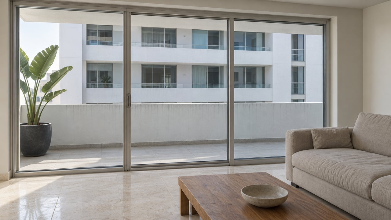 Sunlit condominium living room with limestone floors, a linen sofa and teak table beside closed glass balcony doors.