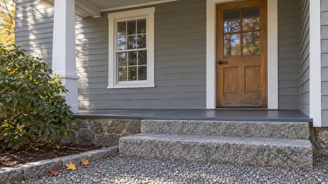 Gray clapboard home entry with a wooden glazed door, white-trimmed sash window and worn granite steps in autumn light.