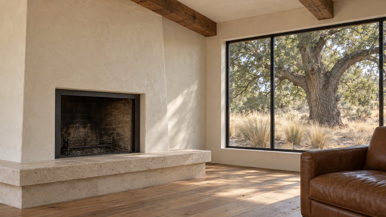 Sunlit plaster fireplace and limestone hearth beneath timber beams, beside a steel-framed window looking onto a mature oak.