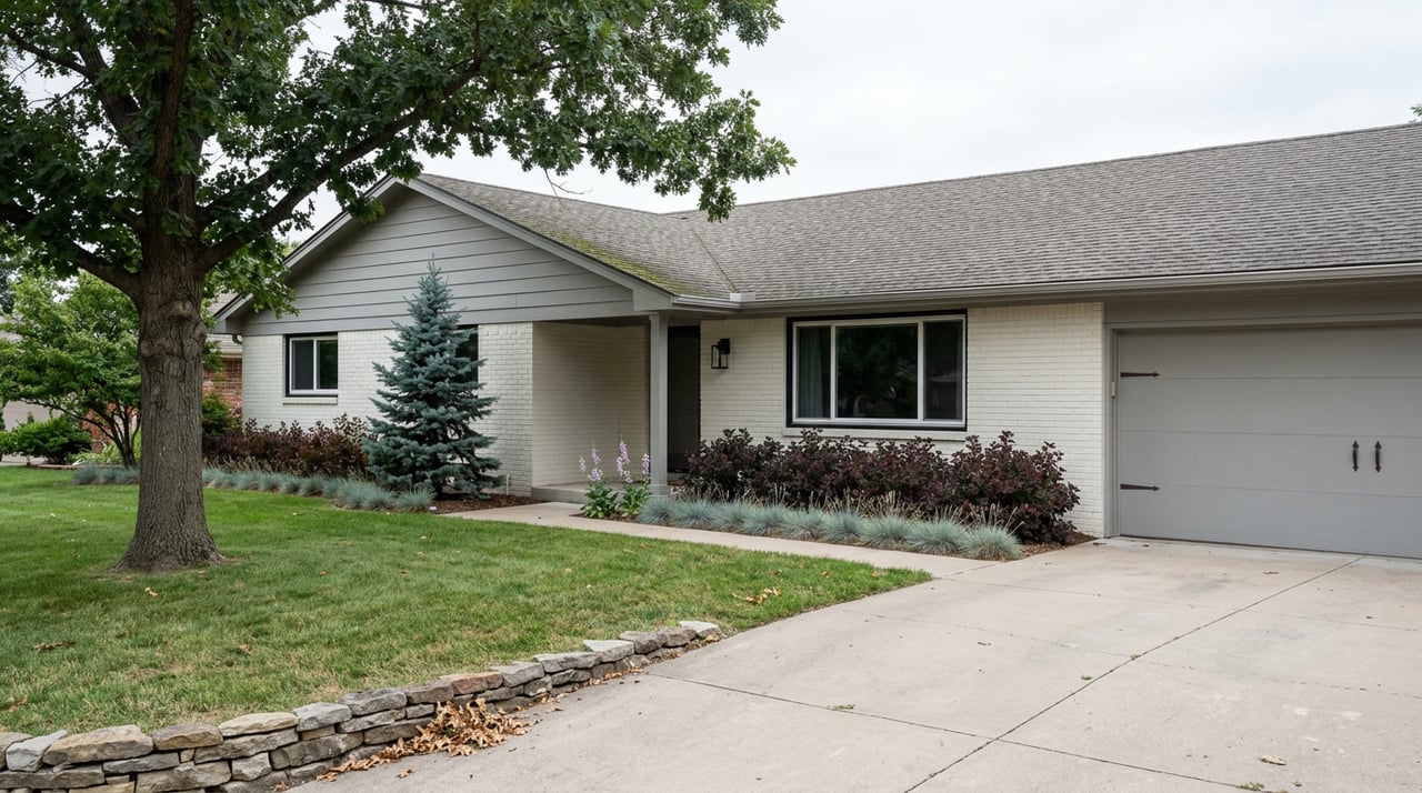 Single-story ranch house with white brick, gray siding, black-trimmed windows, and a curved driveway bordered by a rock wall.