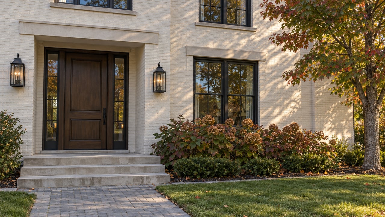 Ivory-painted brick home with black-framed windows, an oak entry door, limestone steps and autumn-tinted maple leaves in afternoon light.