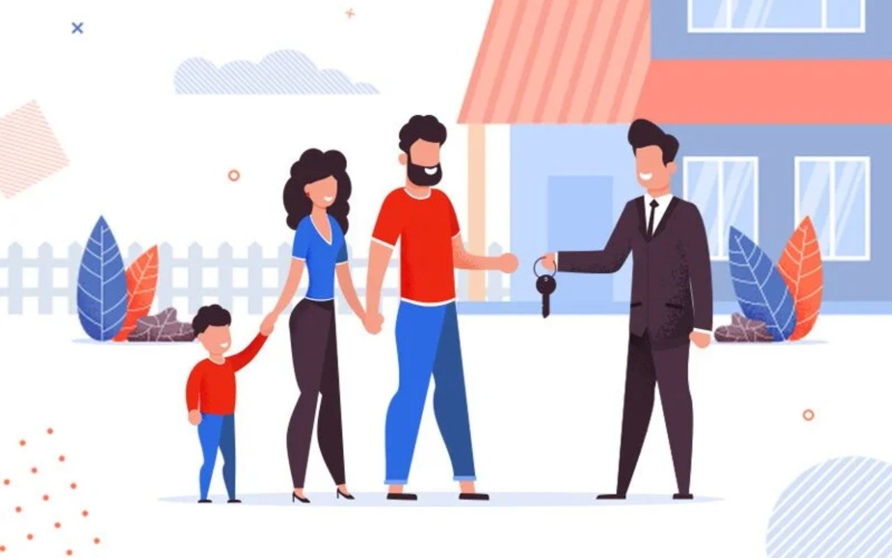 Family receives a house key from an agent outside their new home.
