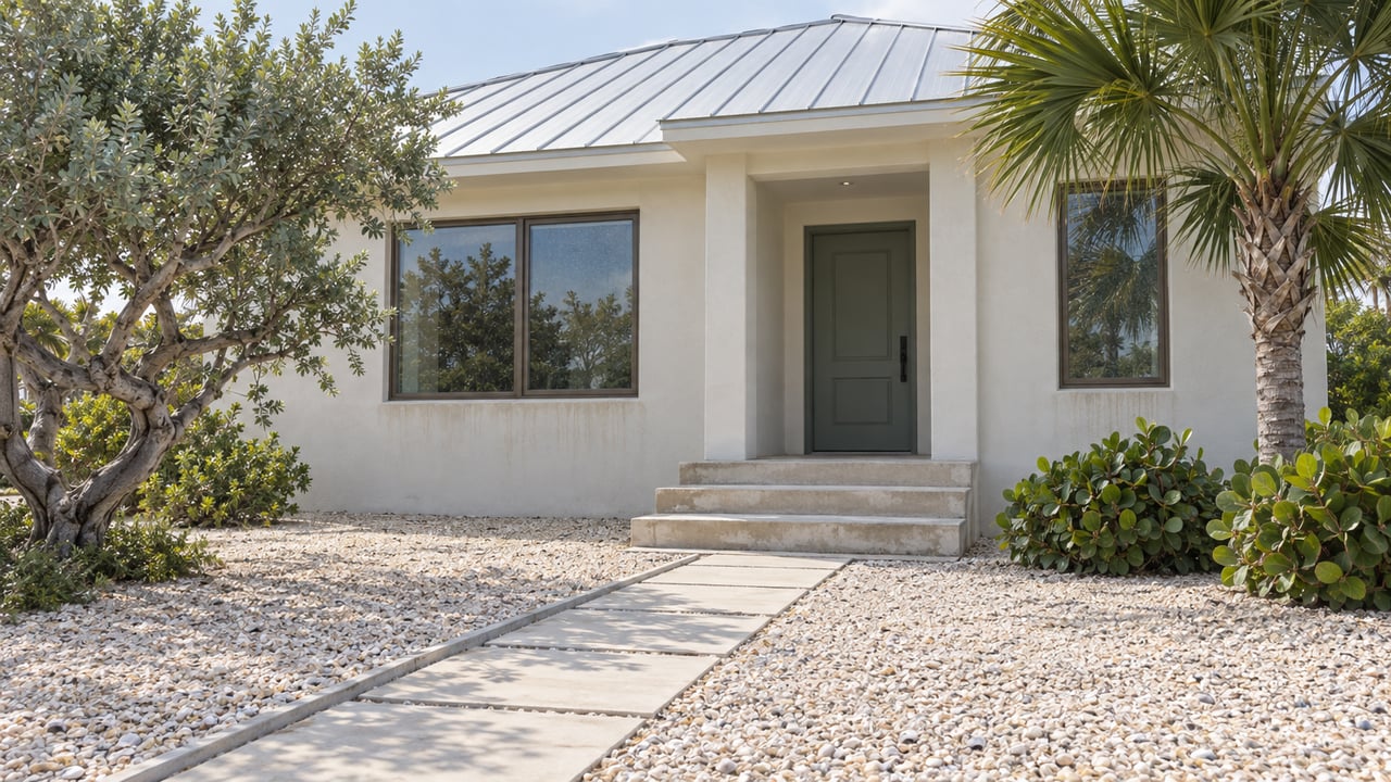 Off-white stucco home with a pale metal roof, concrete entry steps, shell yard, and tropical trees.