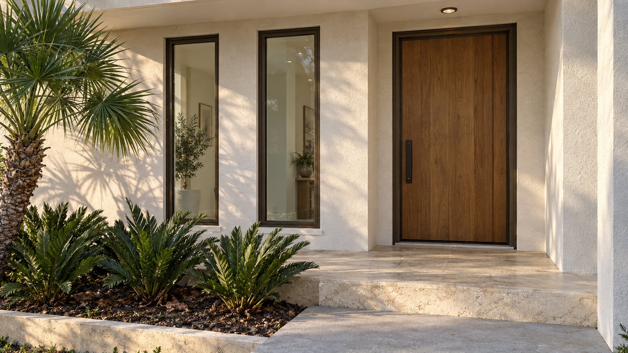 Sunlit white stucco entrance with an oak door, bronze-framed windows, limestone steps and sculptural palm planting.