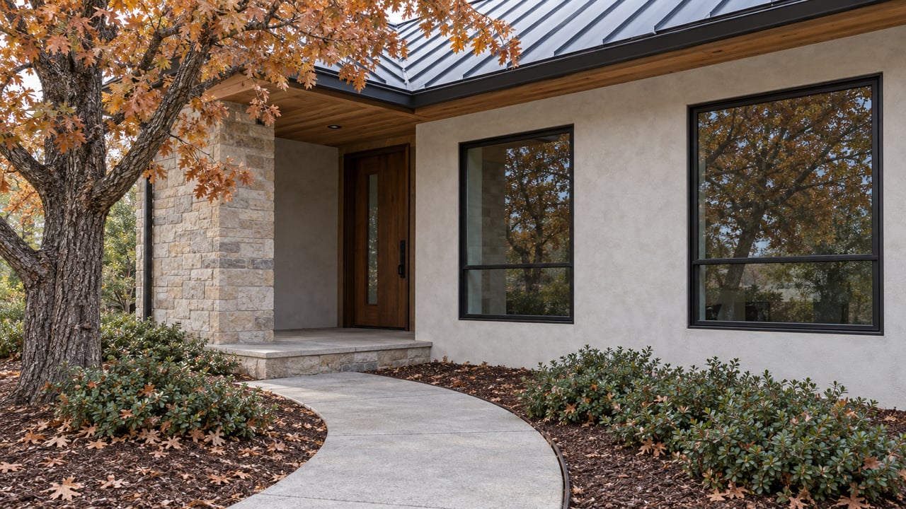 Modern house entry with a cedar porch, stone pier, curved concrete walk, and russet-leaved oak.