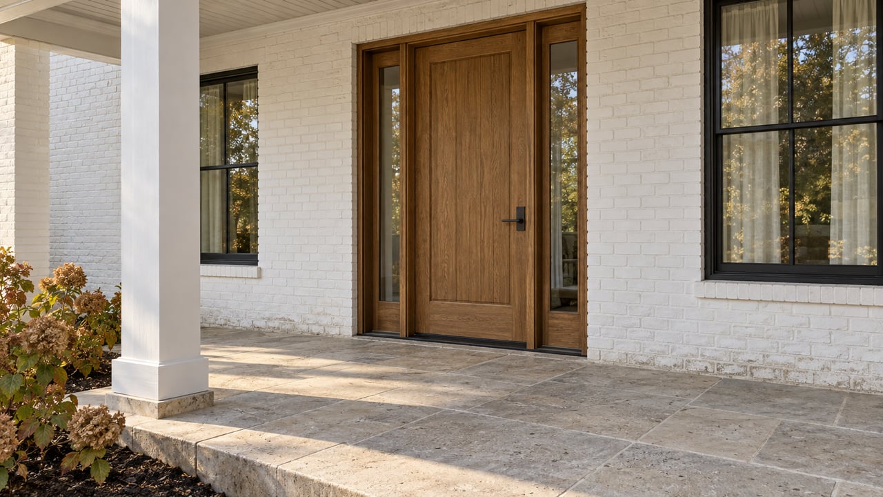 Sunlit covered porch with white painted brick, an oak entry door, black-framed windows and a worn limestone landing beside oakleaf hydrangeas.
