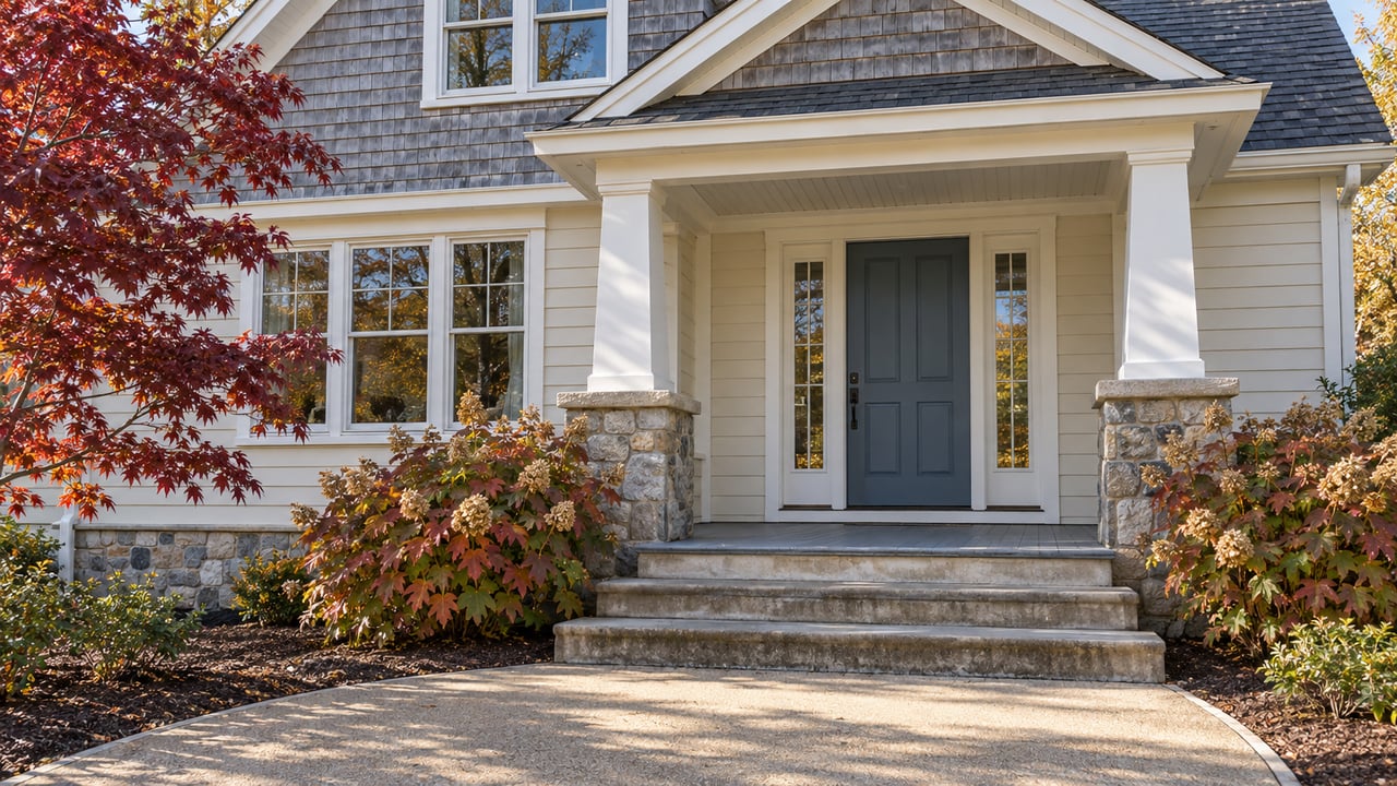 Close view of a cream-sided home's blue front door, white porch posts, stone piers and autumn hydrangeas beside a curved concrete walk.