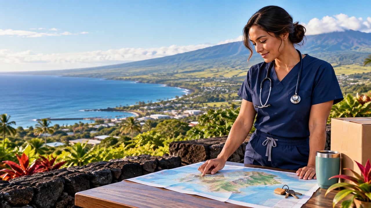 Woman in navy scrubs studies a map overlooking a Hawaiian bay and coastal town.