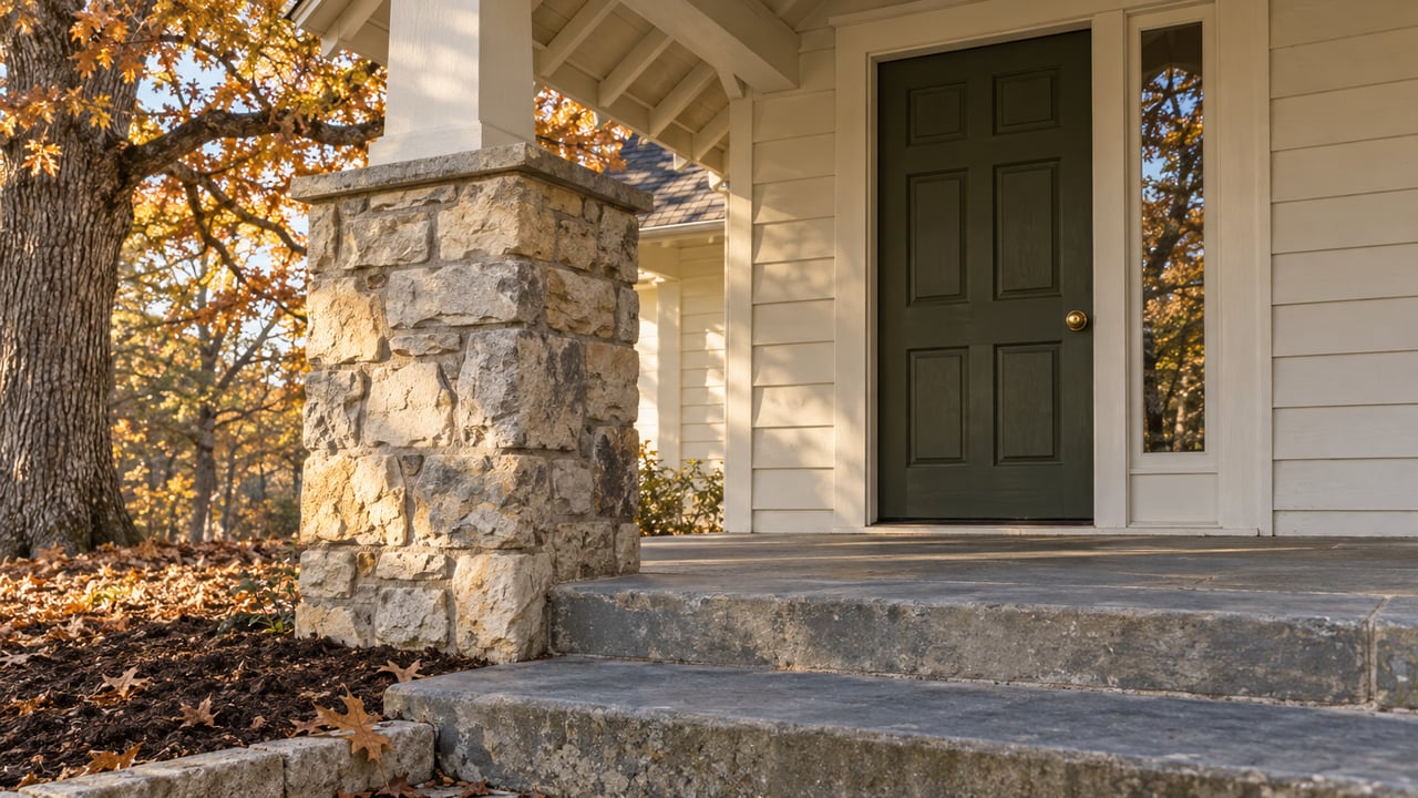 A limestone pier frames an olive entry door and glass sidelight above bluestone steps beneath bronze oak leaves.