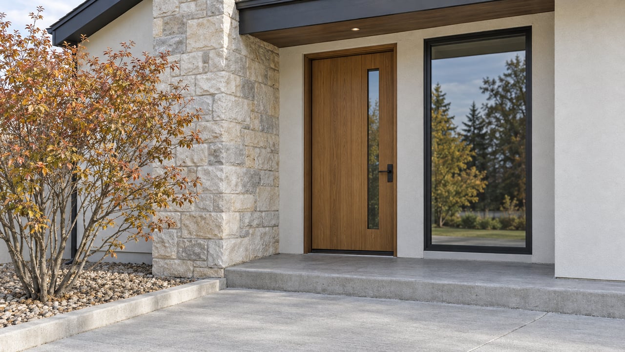 Detached home entry with a warm oak door, limestone pier, dark-framed window, and bronze-leaved tree.