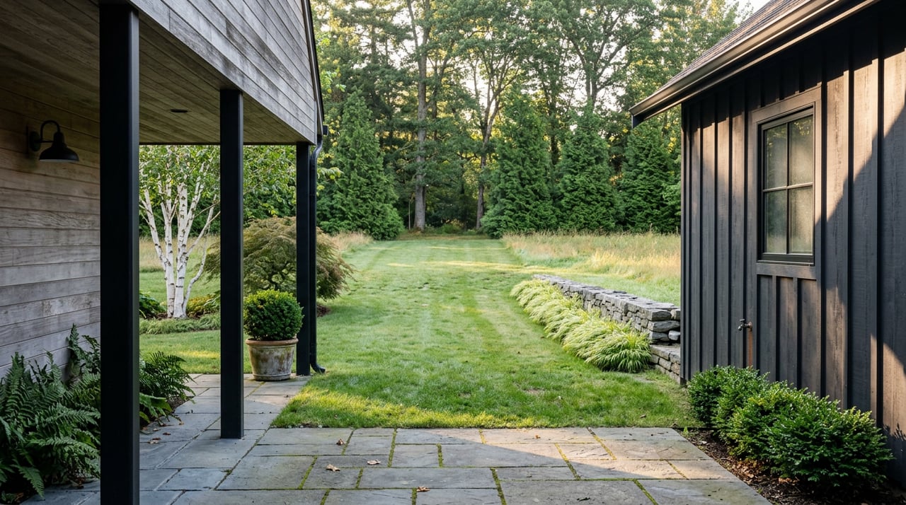 Breezeway opens onto mown lawn, with a dark outbuilding, low stone wall, and tree line.