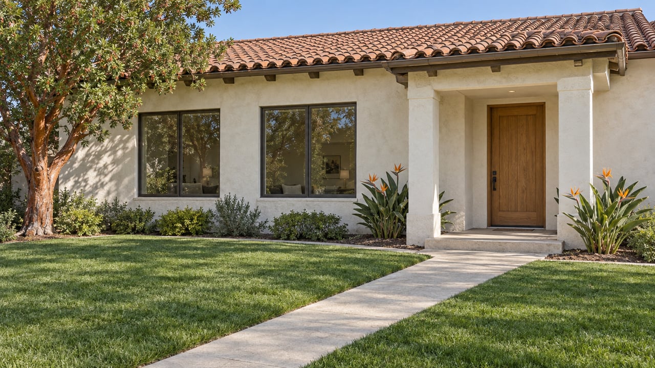 Ivory stucco home with terracotta roof, bronze-framed windows and a recessed oak entrance beyond a deep lawn and concrete path.