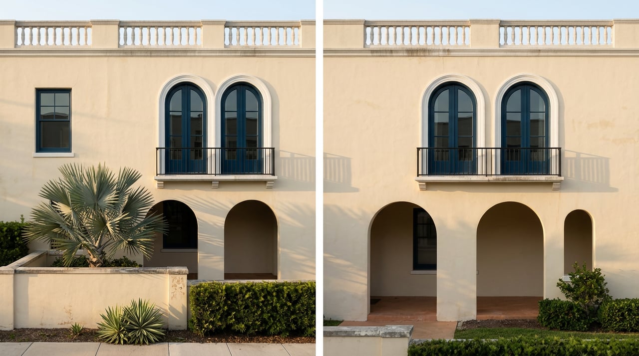 Two-story ivory Mediterranean Revival home with blue windows, arched loggia, iron balcony, and silver-blue palm.