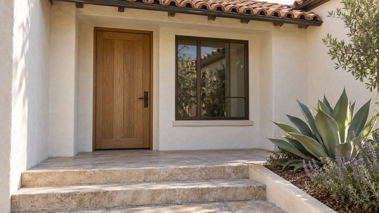 Recessed stucco home entry with an oak door, bronze-framed window, limestone steps, and agave planting.