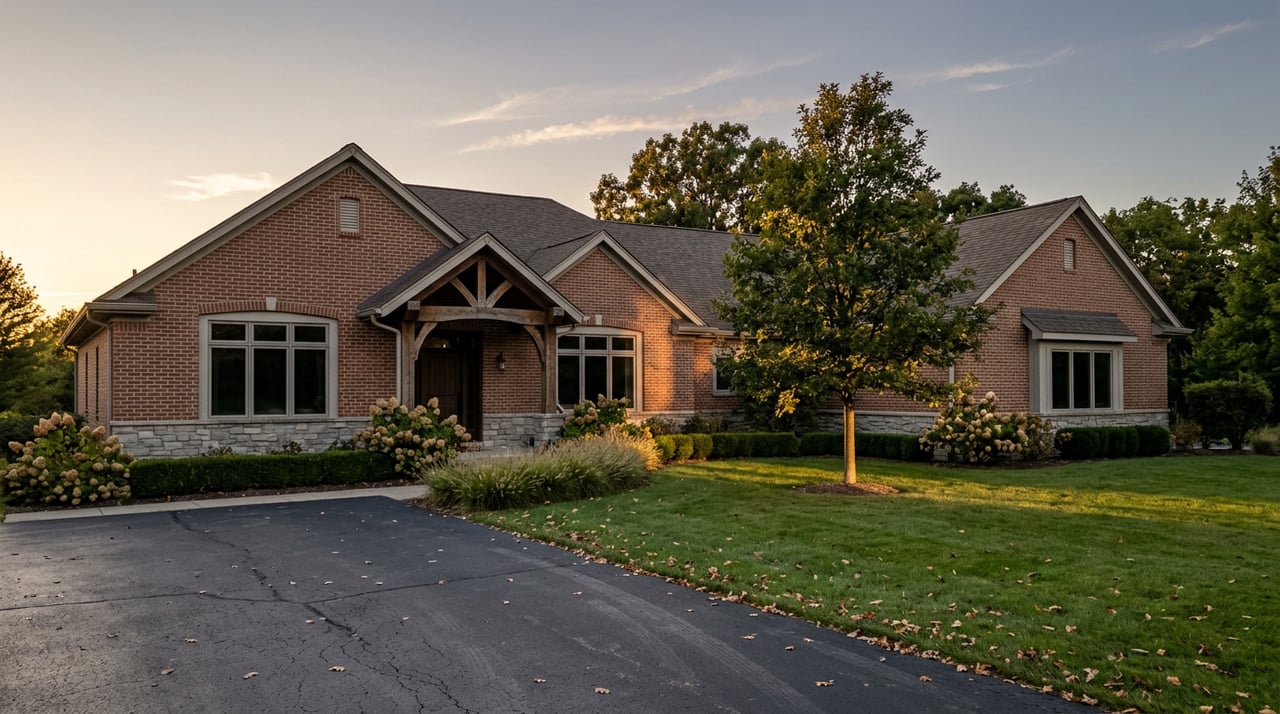 Brick-and-timber home with a stone base, long driveway, and broad lawn beneath an amber dusk sky.