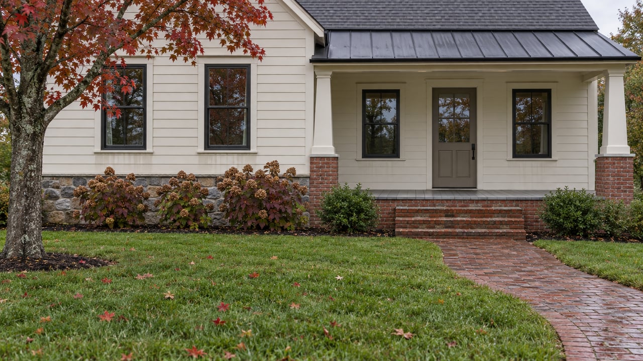 Light-sided gabled home with a brick approach, covered porch, deep lawn and red autumn maple leaves.