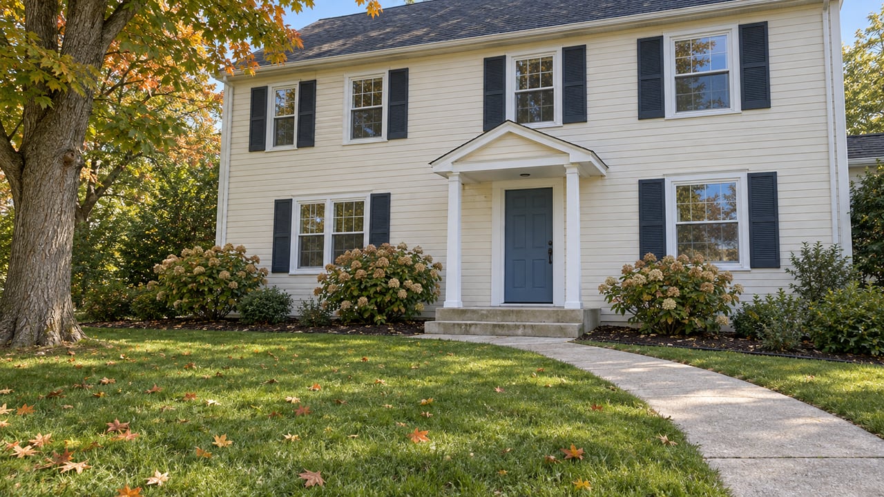 Cream two-story house with dark shutters and a small covered entry beyond an autumn lawn and curved concrete walk.
