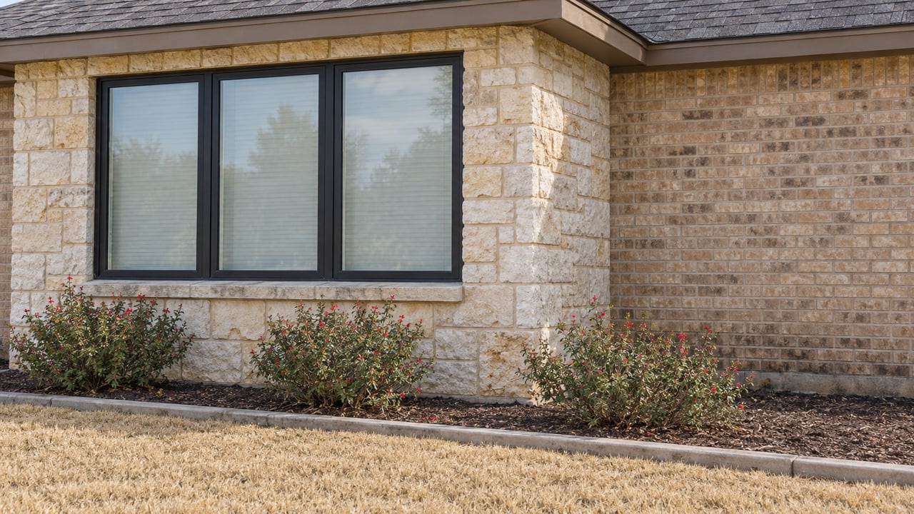 Cream limestone window bay and sandy brick exterior above red-flowering sage and a dormant lawn.