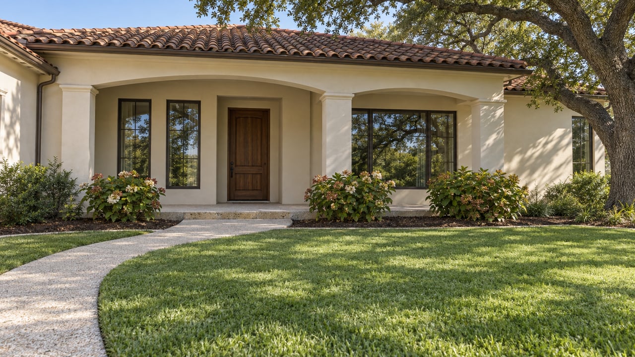 Cream stucco home with a terracotta roof, shaded arched porch and deep front lawn beside a spreading live oak.