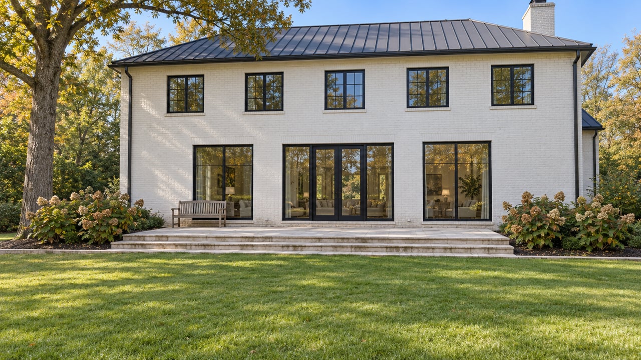 White brick home with black-framed windows and a limestone terrace overlooking a broad lawn beside a mature oak.