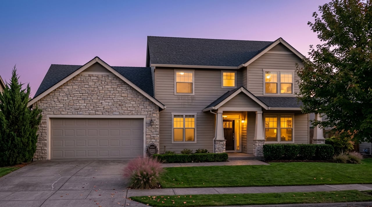Two-story suburban home with stone accents, glowing windows, lawn, and a leafy tree at dusk.