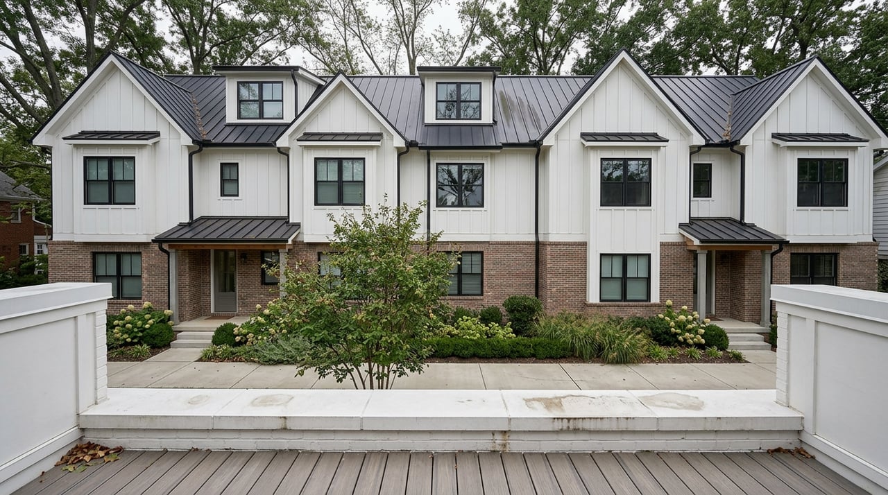 Elevated view across a shared mews toward attached townhomes with brick lower stories, white upper facades, and a tree-lined planting bed.