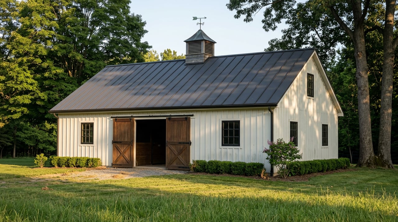 Warm-white equestrian barn with partly open dark wood doors, cupola, and weathervane beyond a mown pasture.