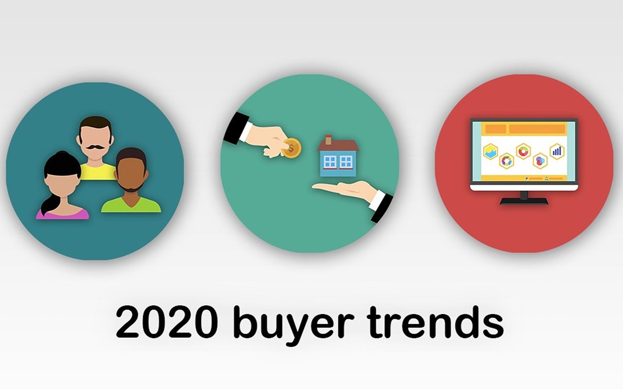 2020 buyer trends, illustrated with people, a home purchase, and charts.