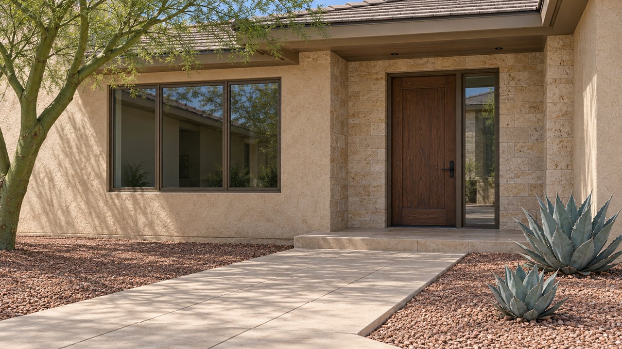 Sunlit stucco and limestone home entry with a dark wood door, bronze-framed window, pale paver walk and sculptural desert planting.