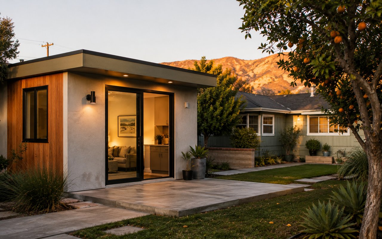 Detached accessory dwelling unit in the backyard of a single-family home in the San Fernando Valley, Los Angeles