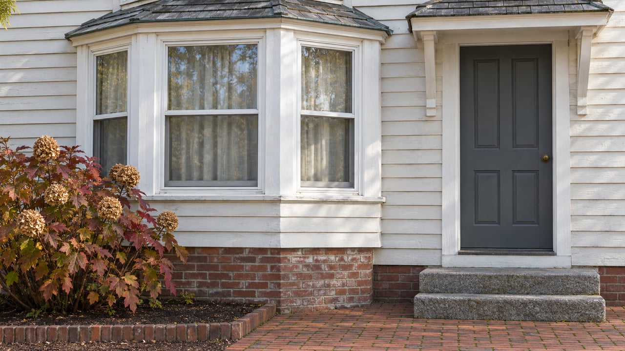 Off-white clapboard home with a three-sided bay window, slate-gray entry door, worn granite steps, and bronze-leaved oakleaf hydrangea.