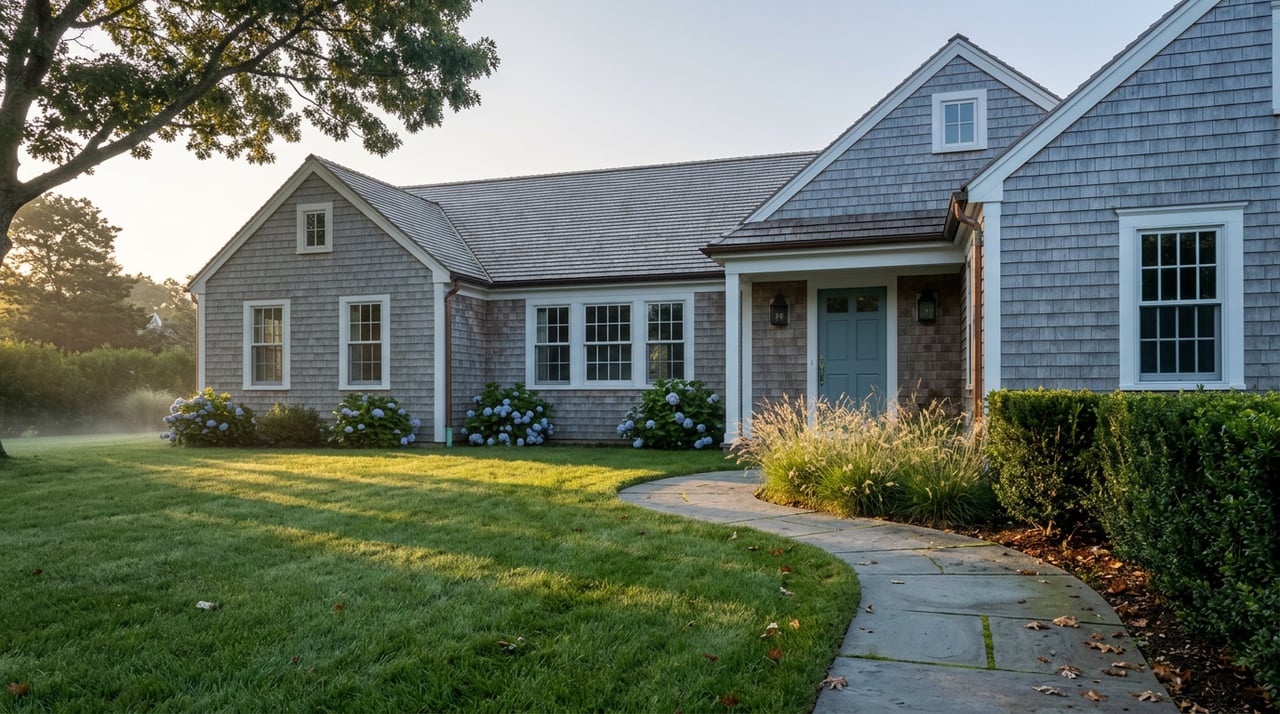 Silvered shingle house with a sea-glass blue door beyond a curved bluestone path and dew-covered lawn.