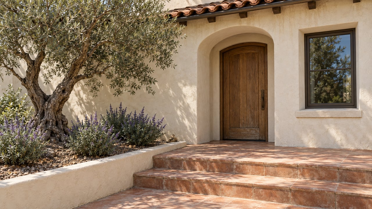 Stucco home entrance with an arched wooden door, terracotta steps, and an olive tree.
