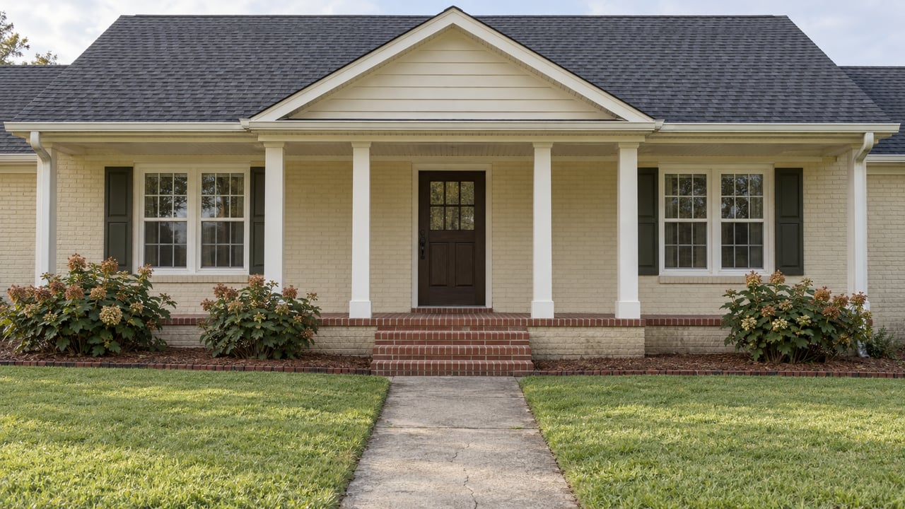 Cream-painted brick home with a charcoal gabled roof, recessed columned porch, brick steps and a concrete walk through a deep green lawn.