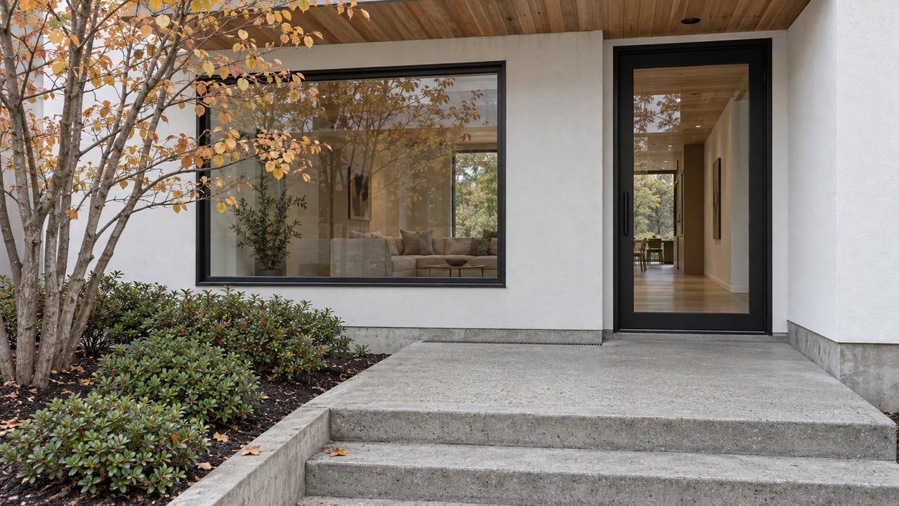 Contemporary attached-home entry with white plaster, black-framed glazing, weathered cedar canopy and autumn serviceberry beside concrete steps.