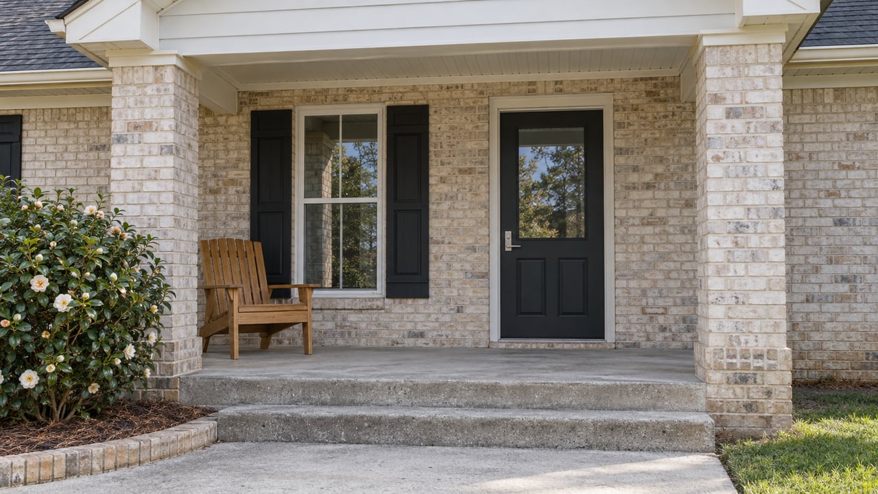 Light-brick home's covered entry with dark front door, tall shuttered window, wooden chair and concrete steps.