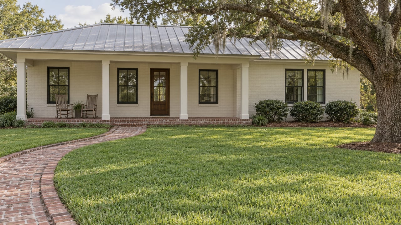A white painted-brick single-story home with a deep porch, weathered metal roof and broad lawn beneath a spreading live oak.