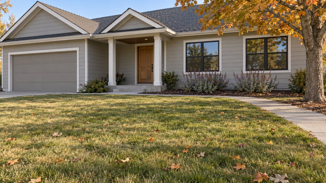Light-gray single-story home with black-framed windows, a broad autumn lawn, and an amber maple beside the entry walk.
