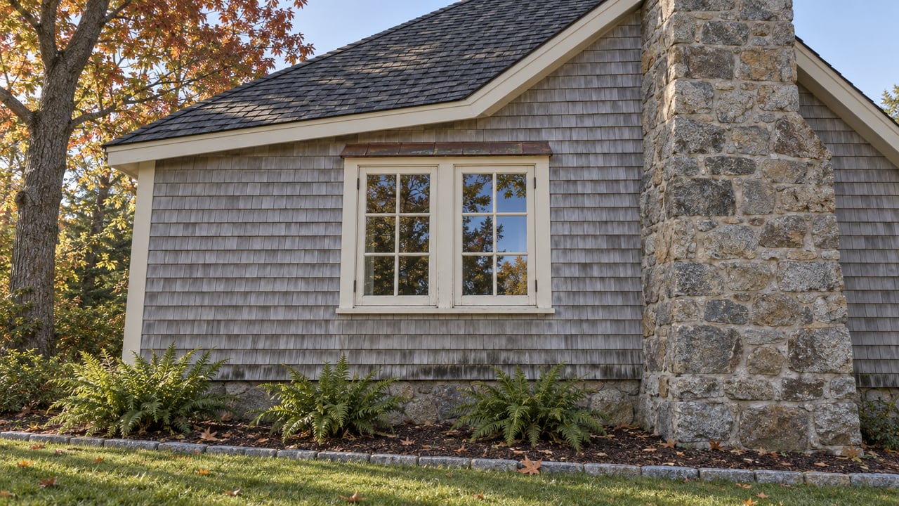 Pale-gray shingled house with cream divided-light windows, a granite chimney and russet maple foliage in morning light.
