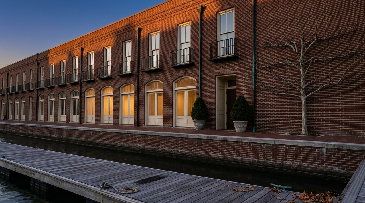 Brick waterfront building with warm-lit ground-floor windows, iron balconies, and a wooden dock over dark tidal water.