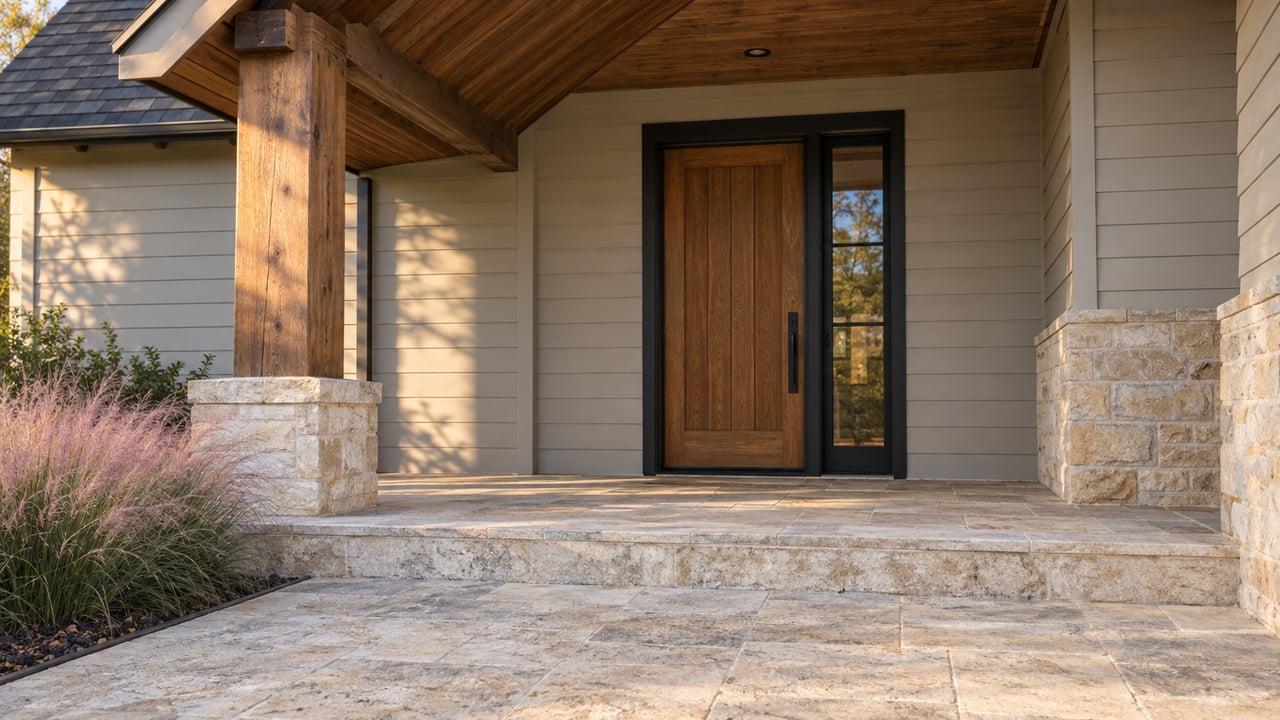 Oak front door with a narrow sidelight beneath a timber-lined porch, approached by limestone pavers and a raised step.