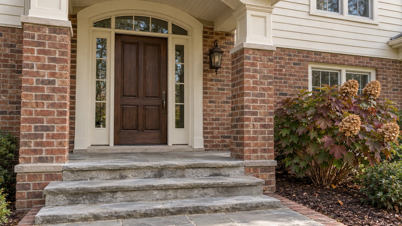 Brick home entrance with a wood door, arched transom, limestone steps, and oakleaf hydrangea in autumn.