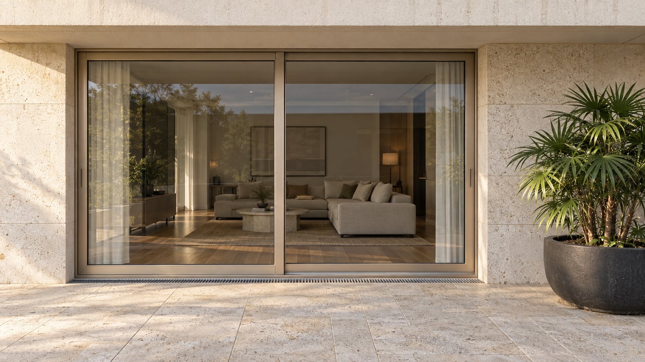 Covered residential terrace with ivory stucco, shell-bearing limestone, closed glass doors and a single lady palm in a charcoal planter.